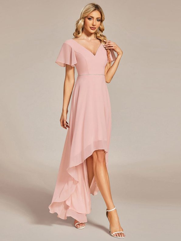 Flowy High-low Chiffon Ruffle Sleeves Bridesmaid Dress - Pink