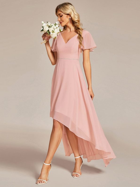 Flowy High-low Chiffon Ruffle Sleeves Bridesmaid Dress - Pink