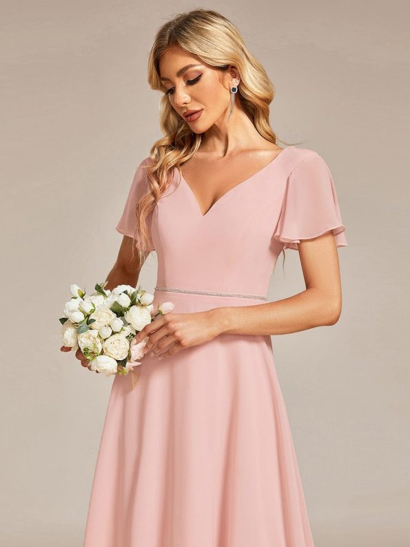 Flowy High-low Chiffon Ruffle Sleeves Bridesmaid Dress - Pink