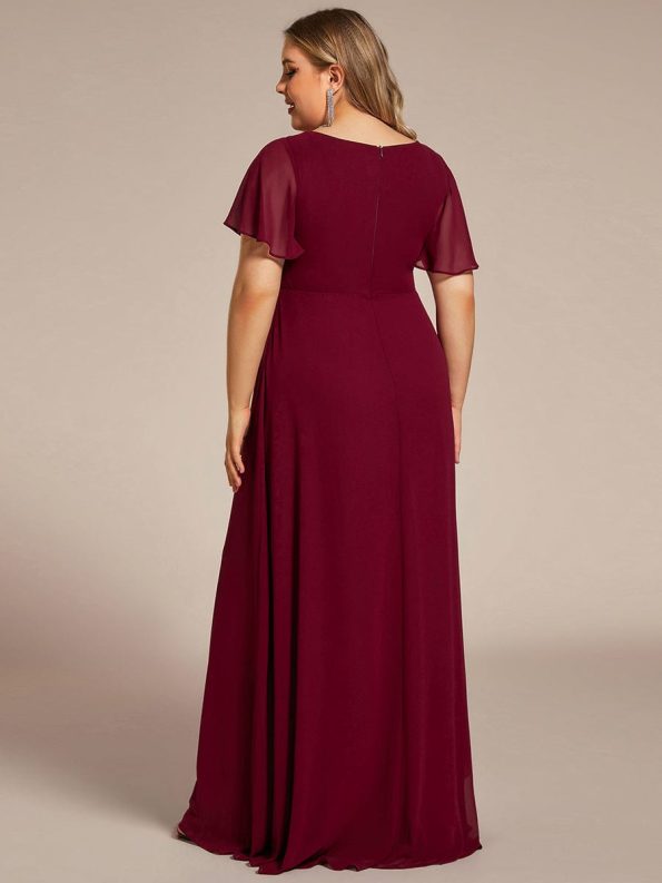 Ruffles Sleeve High Slit with Louts Leaf Chiffon Evening Dress - Burgundy