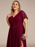 Ruffles Sleeve High Slit with Louts Leaf Chiffon Evening Dress – Burgundy