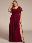 Ruffles Sleeve High Slit with Louts Leaf Chiffon Evening Dress – Burgundy