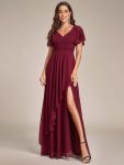 Ruffles Sleeve High Slit with Louts Leaf Chiffon Evening Dress – Burgundy