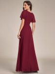 Ruffles Sleeve High Slit with Louts Leaf Chiffon Evening Dress – Burgundy