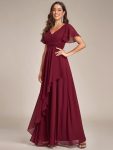 Ruffles Sleeve High Slit with Louts Leaf Chiffon Evening Dress – Burgundy