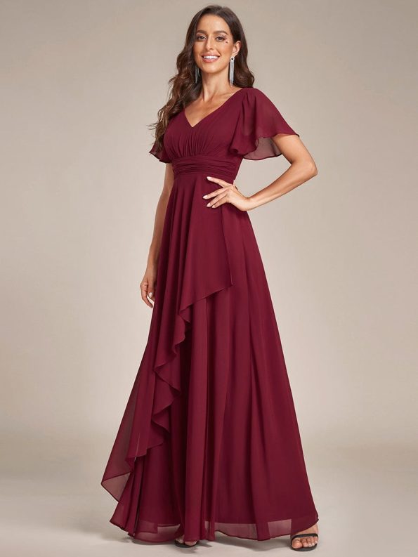 Ruffles Sleeve High Slit with Louts Leaf Chiffon Evening Dress - Burgundy