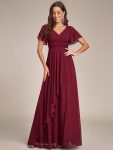 Ruffles Sleeve High Slit with Louts Leaf Chiffon Evening Dress – Burgundy