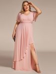 Ruffles Sleeve High Slit with Louts Leaf Chiffon Evening Dress – Pink