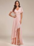 Ruffles Sleeve High Slit with Louts Leaf Chiffon Evening Dress – Pink