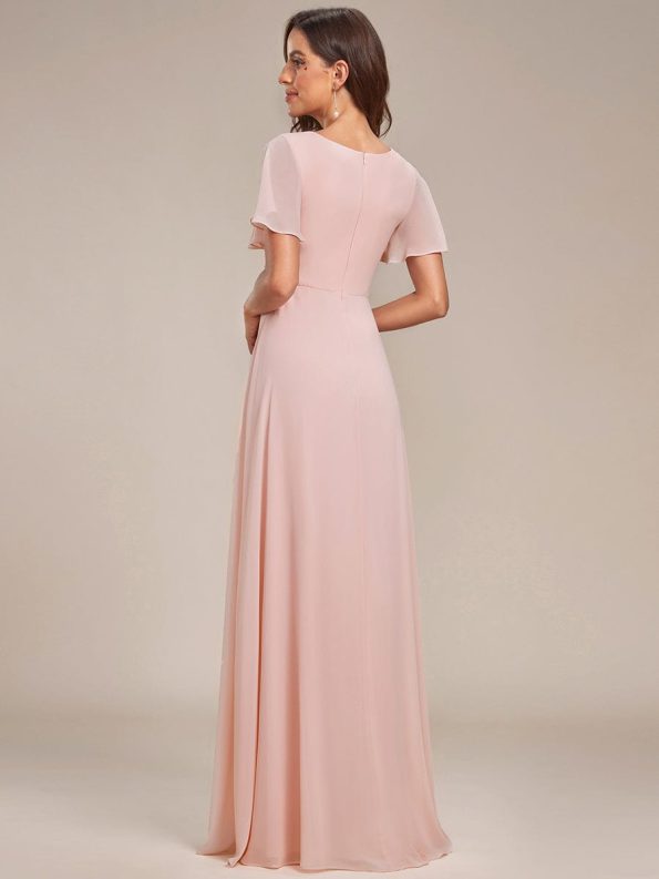 Ruffles Sleeve High Slit with Louts Leaf Chiffon Evening Dress - Pink