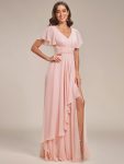 Ruffles Sleeve High Slit with Louts Leaf Chiffon Evening Dress – Pink