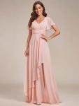 Ruffles Sleeve High Slit with Louts Leaf Chiffon Evening Dress – Pink