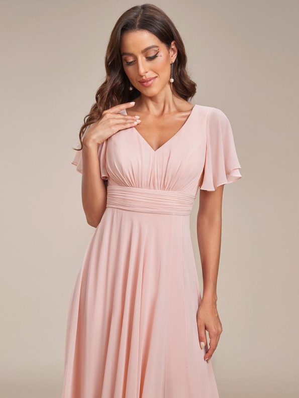 Ruffles Sleeve High Slit with Louts Leaf Chiffon Evening Dress - Pink