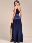 Spaghetti Straps High Stretch V-Neck Sleeveless Satin Evening Dress – Navy Blue