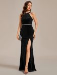 Halter Sleeveless Bodycon Shiny Belt High Slit Velvet Evening Dress - Black