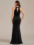 Halter Sleeveless Bodycon Shiny Belt High Slit Velvet Evening Dress – Black