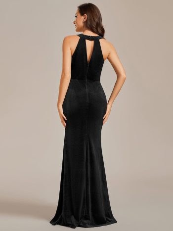 Halter Sleeveless Bodycon Shiny Belt High Slit Velvet Evening Dress - Black