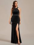 Halter Sleeveless Bodycon Shiny Belt High Slit Velvet Evening Dress – Black