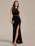 Halter Sleeveless Bodycon Shiny Belt High Slit Velvet Evening Dress – Black