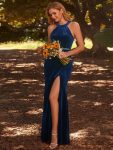 Halter Sleeveless Bodycon Shiny Belt High Slit Velvet Evening Dress – Navy Blue