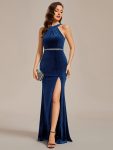 Halter Sleeveless Bodycon Shiny Belt High Slit Velvet Evening Dress – Navy Blue