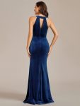 Halter Sleeveless Bodycon Shiny Belt High Slit Velvet Evening Dress – Navy Blue