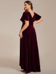 Double V-Neck Short Sleeves Stretchy Velvet Evening Dress with Lotus Leaf Hem – Burgundy