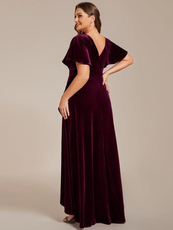 Double V-Neck Short Sleeves Stretchy Velvet Evening Dress with Lotus Leaf Hem - Burgundy