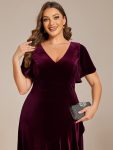 Double V-Neck Short Sleeves Stretchy Velvet Evening Dress with Lotus Leaf Hem – Burgundy