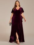 Double V-Neck Short Sleeves Stretchy Velvet Evening Dress with Lotus Leaf Hem – Burgundy