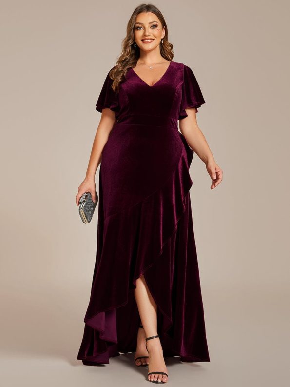 Double V-Neck Short Sleeves Stretchy Velvet Evening Dress with Lotus Leaf Hem - Burgundy