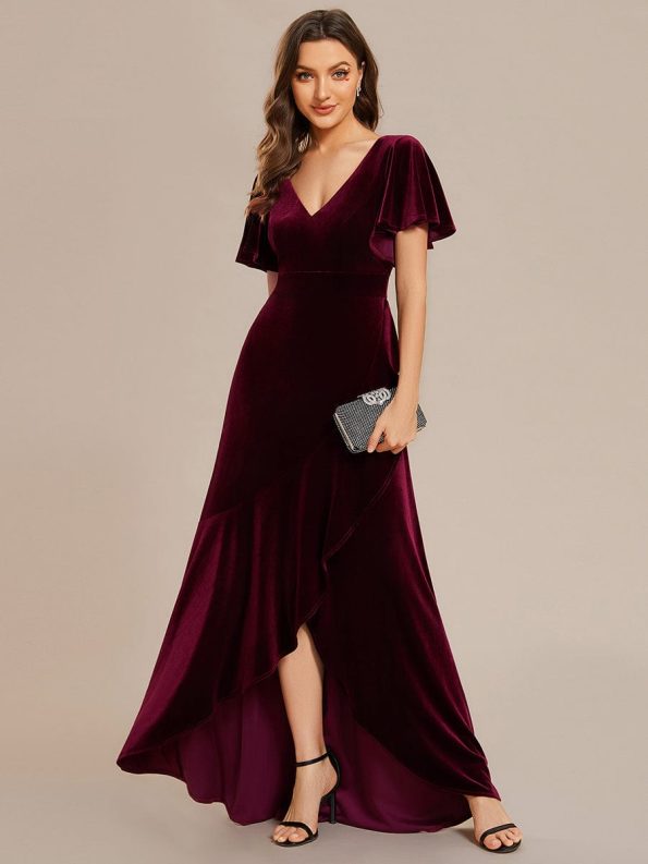 Double V-Neck Short Sleeves Stretchy Velvet Evening Dress with Lotus Leaf Hem - Burgundy