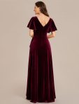 Double V-Neck Short Sleeves Stretchy Velvet Evening Dress with Lotus Leaf Hem – Burgundy