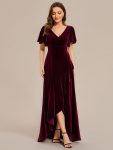 Double V-Neck Short Sleeves Stretchy Velvet Evening Dress with Lotus Leaf Hem – Burgundy