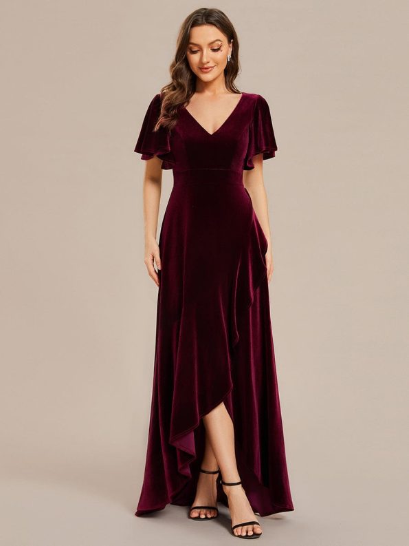 Double V-Neck Short Sleeves Stretchy Velvet Evening Dress with Lotus Leaf Hem - Burgundy