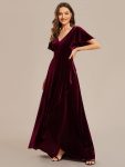 Double V-Neck Short Sleeves Stretchy Velvet Evening Dress with Lotus Leaf Hem – Burgundy