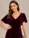 Double V-Neck Short Sleeves Stretchy Velvet Evening Dress with Lotus Leaf Hem – Burgundy