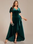 Double V-Neck Short Sleeves Stretchy Velvet Evening Dress with Lotus Leaf Hem – Dark Green