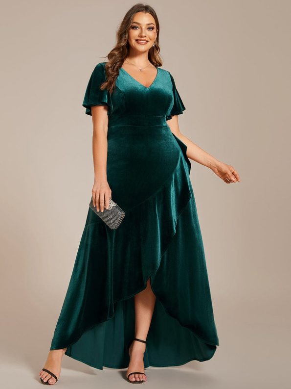 Double V-Neck Short Sleeves Stretchy Velvet Evening Dress with Lotus Leaf Hem - Dark Green