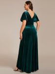 Double V-Neck Short Sleeves Stretchy Velvet Evening Dress with Lotus Leaf Hem – Dark Green