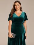 Double V-Neck Short Sleeves Stretchy Velvet Evening Dress with Lotus Leaf Hem – Dark Green