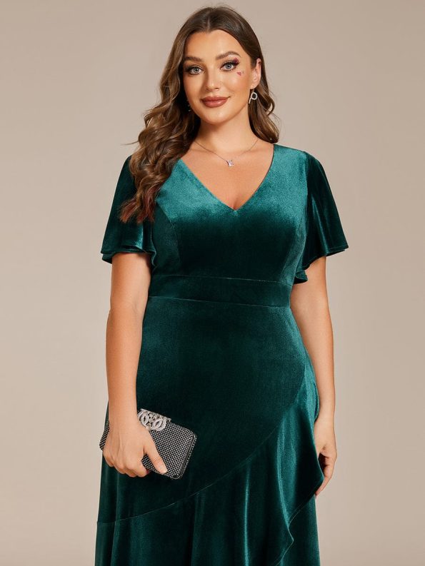 Double V-Neck Short Sleeves Stretchy Velvet Evening Dress with Lotus Leaf Hem - Dark Green