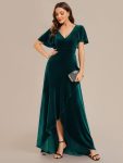 Double V-Neck Short Sleeves Stretchy Velvet Evening Dress with Lotus Leaf Hem – Dark Green