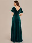 Double V-Neck Short Sleeves Stretchy Velvet Evening Dress with Lotus Leaf Hem – Dark Green