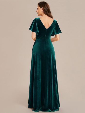 Double V-Neck Short Sleeves Stretchy Velvet Evening Dress with Lotus Leaf Hem - Dark Green