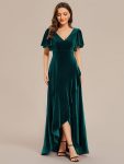 Double V-Neck Short Sleeves Stretchy Velvet Evening Dress with Lotus Leaf Hem – Dark Green