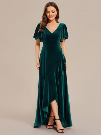 Double V-Neck Short Sleeves Stretchy Velvet Evening Dress with Lotus Leaf Hem - Dark Green