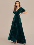 Double V-Neck Short Sleeves Stretchy Velvet Evening Dress with Lotus Leaf Hem – Dark Green