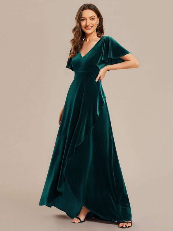 Double V-Neck Short Sleeves Stretchy Velvet Evening Dress with Lotus Leaf Hem - Dark Green