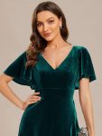 Double V-Neck Short Sleeves Stretchy Velvet Evening Dress with Lotus Leaf Hem – Dark Green